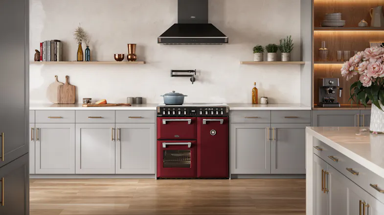Lifestyle image of the Belling Freestanding Oven in Garnet Red installed in a spacious kitchen Lifestyle image of the Belling Freestanding Oven in Garnet Red installed in a spacious kitchen