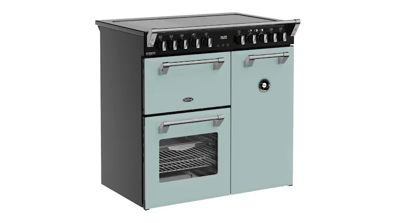 Angled front-left view of the Belling range cooker, showing the five-zone induction cooktop Angled front-left view of the Belling range cooker, showing the five-zone induction cooktop