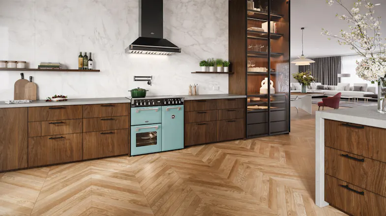 Belling 90cm Seafoam Blue range cooker installed in a contemporary kitchen with cabinetry Belling 90cm Seafoam Blue range cooker installed in a contemporary kitchen with cabinetry