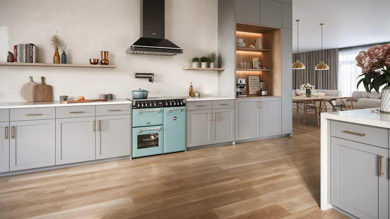 Open-plan kitchen featuring the Belling 90cm Seafoam Blue freestanding cooker as a focal point Open-plan kitchen featuring the Belling 90cm Seafoam Blue freestanding cooker as a focal point