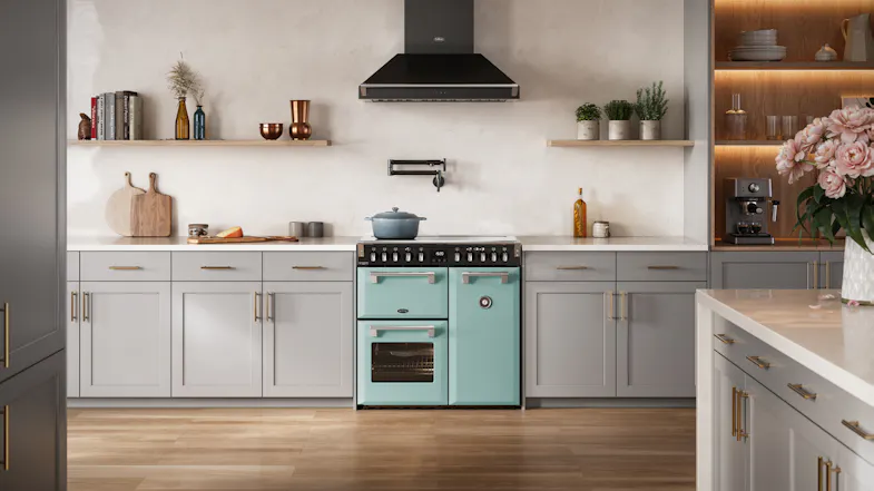 Lifestyle image of the Belling Freestanding Oven in Seafoam Blue installed in a spacious kitchen Lifestyle image of the Belling Freestanding Oven in Seafoam Blue installed in a spacious kitchen