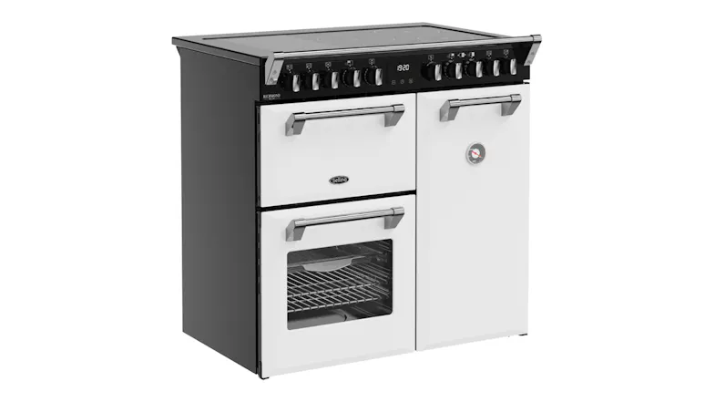 Angled front-left view of the Belling range cooker, showing the five-zone induction cooktop Angled front-left view of the Belling range cooker, showing the five-zone induction cooktop