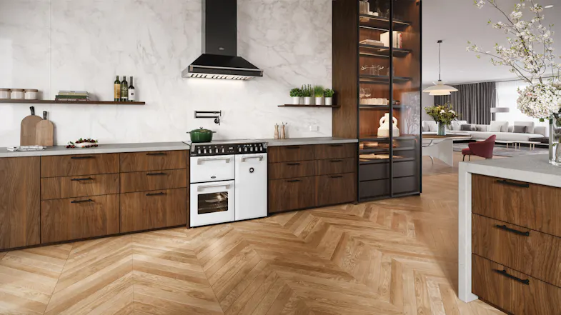 Belling 90cm Ice White range cooker installed in a contemporary kitchen with cabinetry Belling 90cm Ice White range cooker installed in a contemporary kitchen with cabinetry