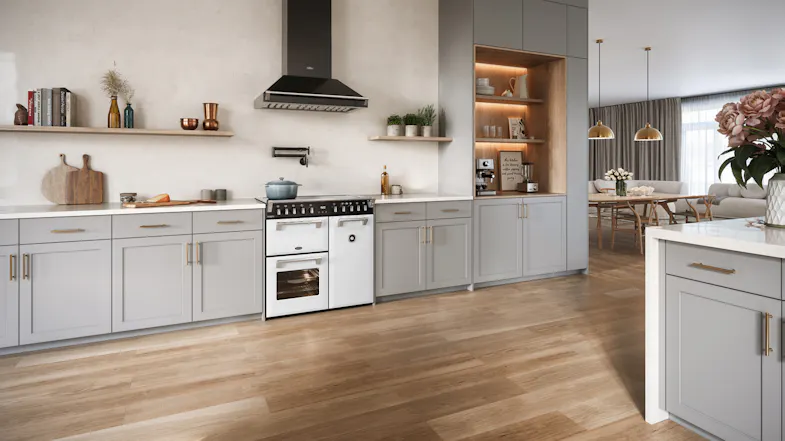 Open-plan kitchen featuring the Belling 90cm Ice White freestanding cooker as a focal point Open-plan kitchen featuring the Belling 90cm Ice White freestanding cooker as a focal point