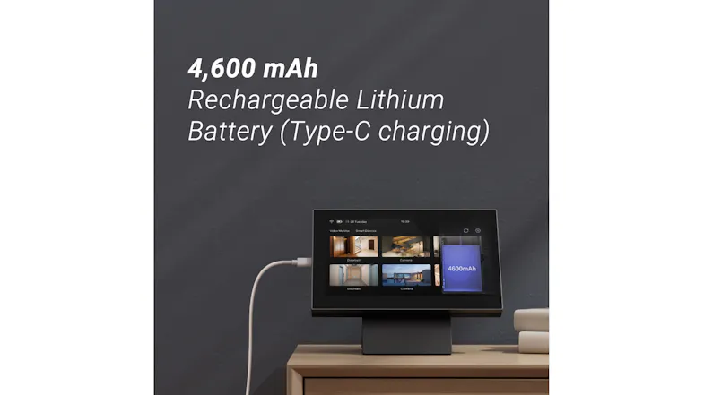 EZVIZ SD7 screen charging with a Type-C cable next to 4,600 mAh battery text EZVIZ SD7 screen charging with a Type-C cable next to 4,600 mAh battery text