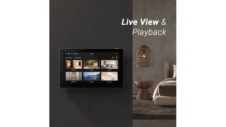 SD7 wall-mounted monitor displaying multiple live camera feeds in a bedroom SD7 wall-mounted monitor displaying multiple live camera feeds in a bedroom