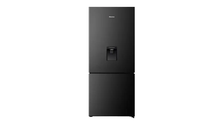 Front view of the Hisense 415L Bottom Mount Fridge Freezer in Black Steel Front view of the Hisense 415L Bottom Mount Fridge Freezer in Black Steel