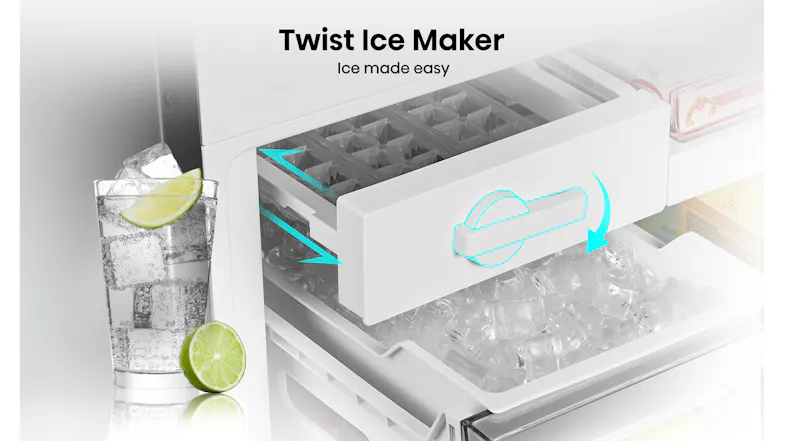Close-up of the Hisense twist ice maker inside the freezer compartment, showing the easy-release tray mechanism Close-up of the Hisense twist ice maker inside the freezer compartment, showing the easy-release tray mechanism