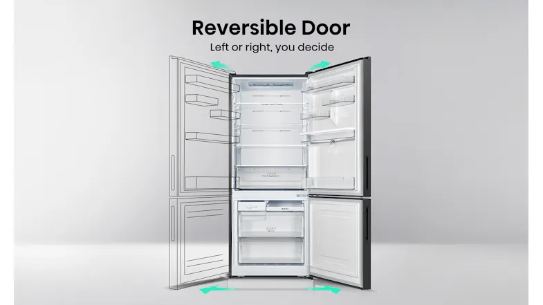 Illustration of the refrigerator's reversible door feature, demonstrating the ability to change the door opening Illustration of the refrigerator's reversible door feature, demonstrating the ability to change the door opening