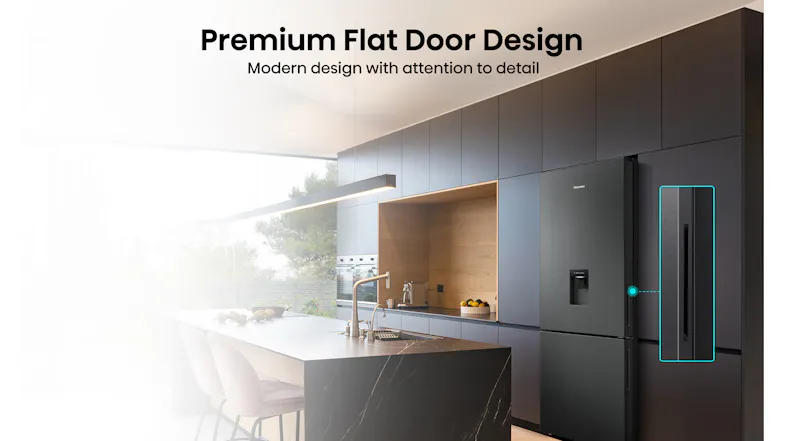 Lifestyle image showcasing the premium flat-door design of the Hisense fridge freezer in a contemporary kitchen Lifestyle image showcasing the premium flat-door design of the Hisense fridge freezer in a contemporary kitchen