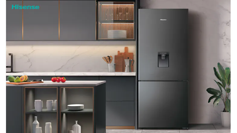 Hisense 415L Bottom Mount Fridge Freezer with water dispenser installed in a modern kitchen Hisense 415L Bottom Mount Fridge Freezer with water dispenser installed in a modern kitchen