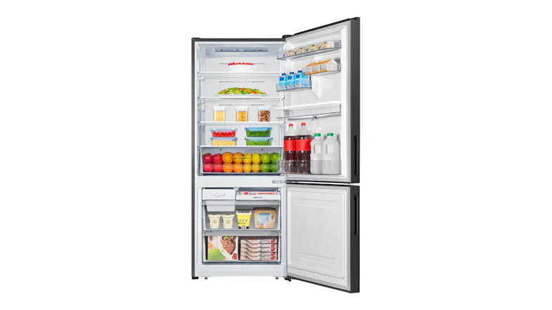 Hisense fridge freezer with doors open, displaying organised compartments with groceries Hisense fridge freezer with doors open, displaying organised compartments with groceries