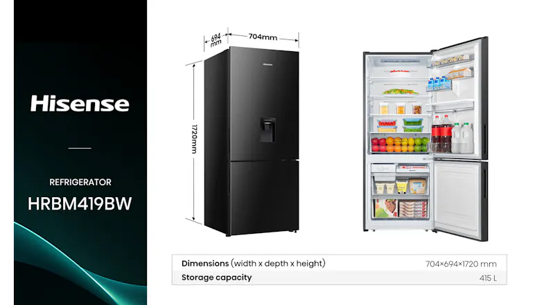 Product showcase graphic of the Hisense 415L Bottom Mount Fridge Freezer in Black Steel Product showcase graphic of the Hisense 415L Bottom Mount Fridge Freezer in Black Steel