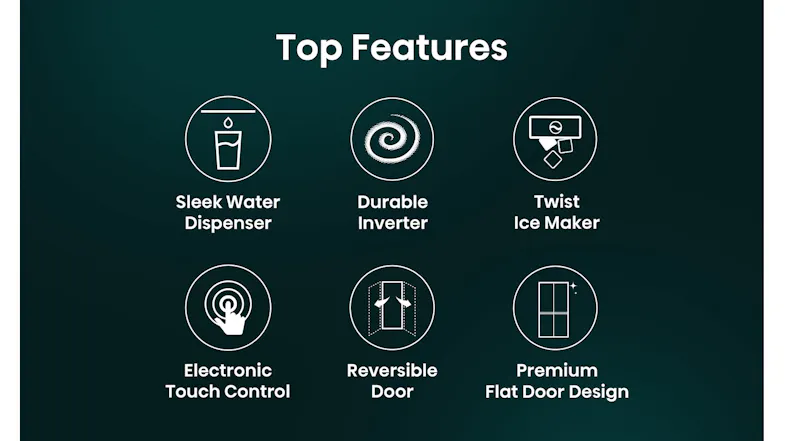 Feature graphic highlighting key refrigerator benefits, including a water dispenser and durable inverter technology Feature graphic highlighting key refrigerator benefits, including a water dispenser and durable inverter technology