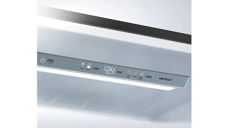 Close-up of the electronic touch control panel and LED lighting inside the refrigerator Close-up of the electronic touch control panel and LED lighting inside the refrigerator