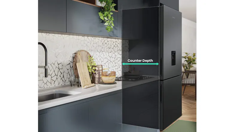 Lifestyle image of the Hisense 415L Bottom Mount Fridge Freezer in a contemporary kitchen Lifestyle image of the Hisense 415L Bottom Mount Fridge Freezer in a contemporary kitchen