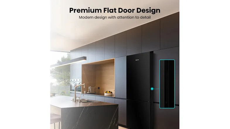 Lifestyle image of the Hisense 417L Bottom Mount Fridge Freezer in a modern kitchen Lifestyle image of the Hisense 417L Bottom Mount Fridge Freezer in a modern kitchen