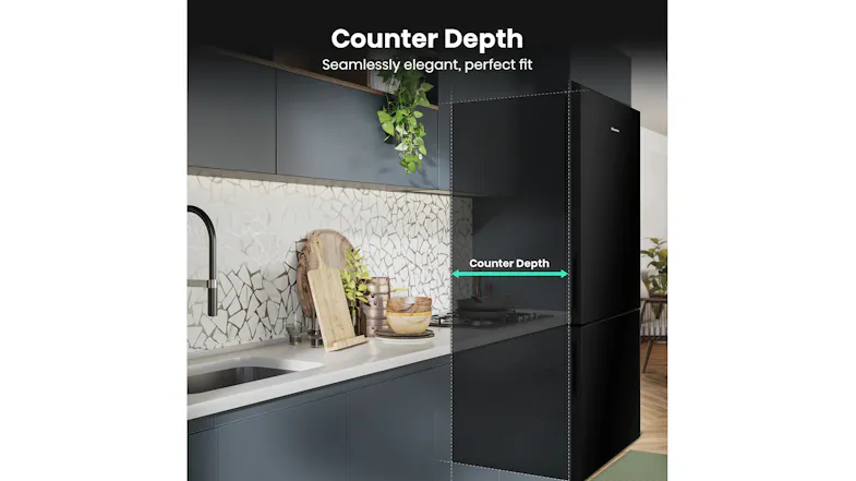 Feature graphic showing the counter-depth design of the Hisense refrigerator Feature graphic showing the counter-depth design of the Hisense refrigerator