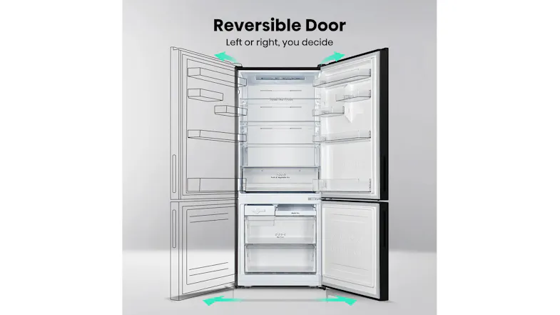 Illustration of the reversible door feature, demonstrating flexible door-opening configuration Illustration of the reversible door feature, demonstrating flexible door-opening configuration