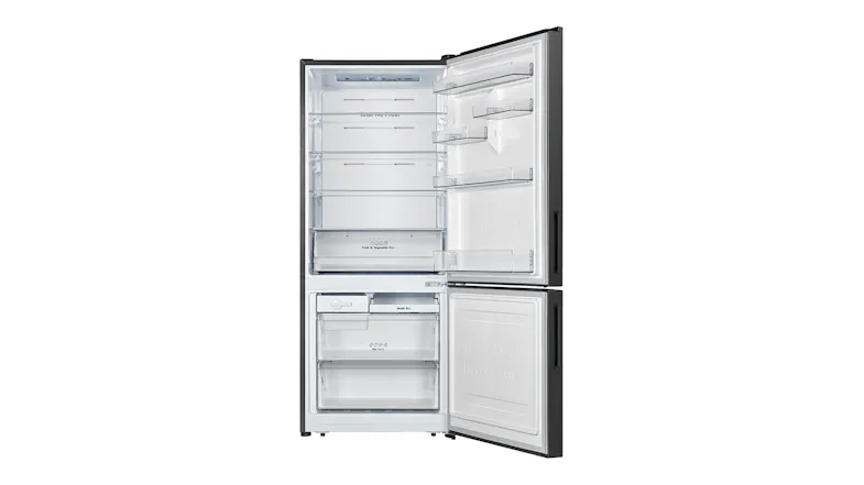 Hisense Bottom Mount Fridge Freezer with doors open, showing shelves and compartments Hisense Bottom Mount Fridge Freezer with doors open, showing shelves and compartments