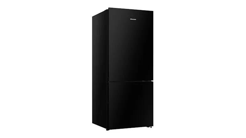 Angled front-left view of the Bottom Mount Fridge Freezer in Charcoal, showcasing its modern flat-door finish Angled front-left view of the Bottom Mount Fridge Freezer in Charcoal, showcasing its modern flat-door finish