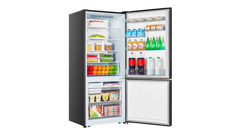 Hisense 417L Fridge Freezer with doors open and fully stocked, displaying generous storage capacity Hisense 417L Fridge Freezer with doors open and fully stocked, displaying generous storage capacity