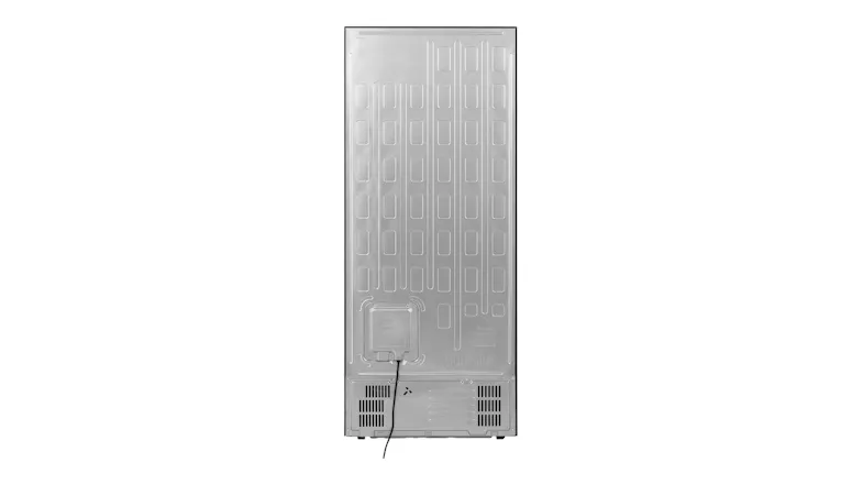 Rear view of the fridge freezer, showing the cooling system housing and lower ventilation section Rear view of the fridge freezer, showing the cooling system housing and lower ventilation section