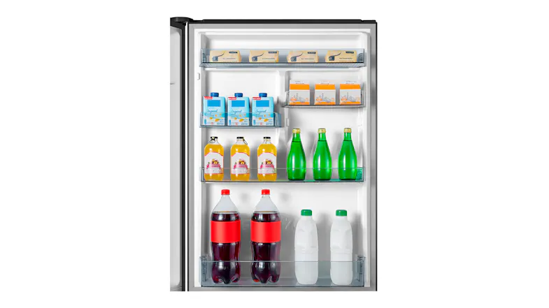 Close-up of the refrigerator interior filled with drinks and food items, highlighting spacious shelving Close-up of the refrigerator interior filled with drinks and food items, highlighting spacious shelving