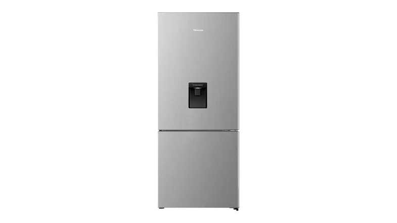 Front view of the Hisense 415L Bottom Mount Fridge Freezer in Stainless Steel with built-in water dispenser Front view of the Hisense 415L Bottom Mount Fridge Freezer in Stainless Steel with built-in water dispenser