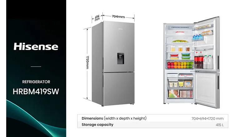 Product showcase graphic of the Hisense 415L Bottom Mount Fridge Freezer in Stainless Steel Product showcase graphic of the Hisense 415L Bottom Mount Fridge Freezer in Stainless Steel