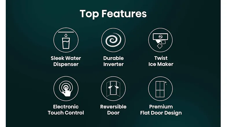 Feature graphic highlighting key refrigerator benefits, including a built-in water dispenser and inverter technology Feature graphic highlighting key refrigerator benefits, including a built-in water dispenser and inverter technology