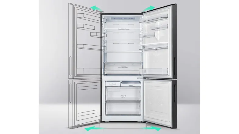 Illustration of the reversible door feature, showing flexible door-opening configuration Illustration of the reversible door feature, showing flexible door-opening configuration