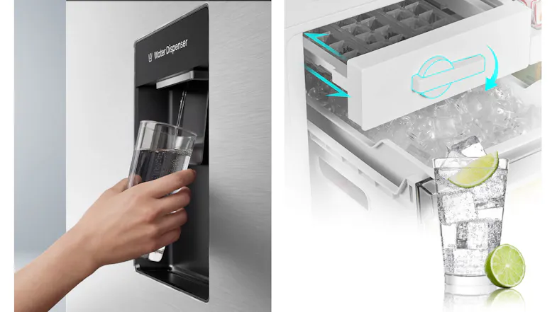 Close-up of the built-in water dispenser and twist ice maker Close-up of the built-in water dispenser and twist ice maker