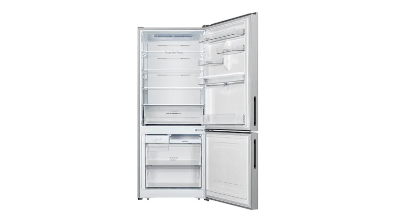 Hisense fridge freezer with doors open, displaying adjustable shelves and spacious door balconies Hisense fridge freezer with doors open, displaying adjustable shelves and spacious door balconies