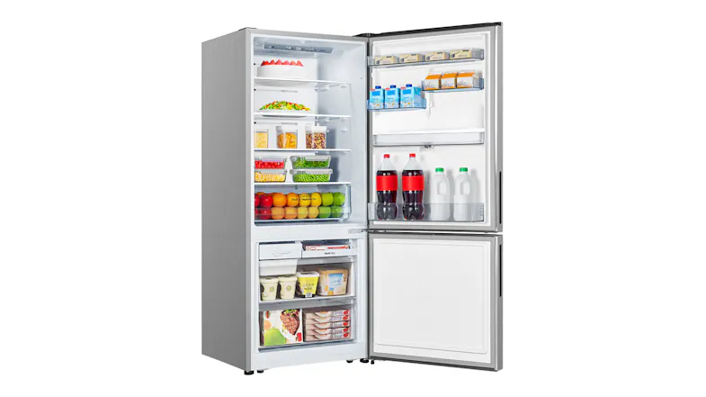 Hisense 415L fridge freezer with doors open and fully stocked, illustrating generous storage capacity Hisense 415L fridge freezer with doors open and fully stocked, illustrating generous storage capacity