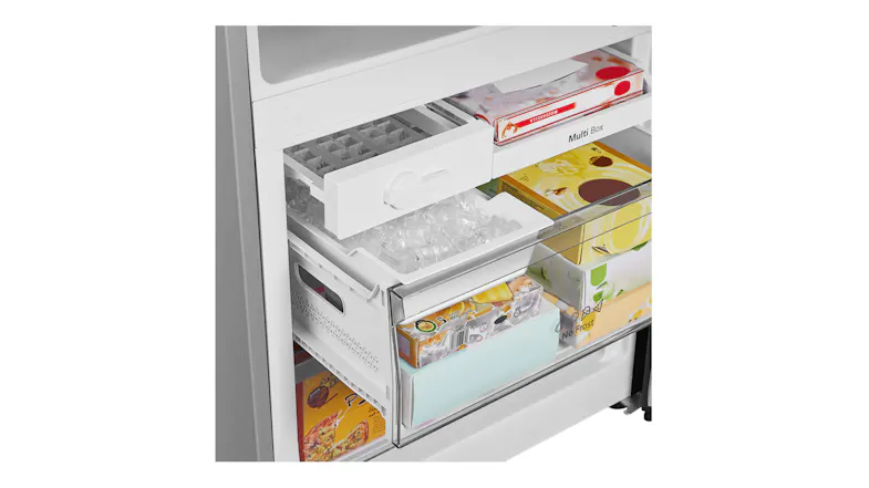 Close-up of the freezer compartment with pull-out drawers, showing organised frozen food storage Close-up of the freezer compartment with pull-out drawers, showing organised frozen food storage
