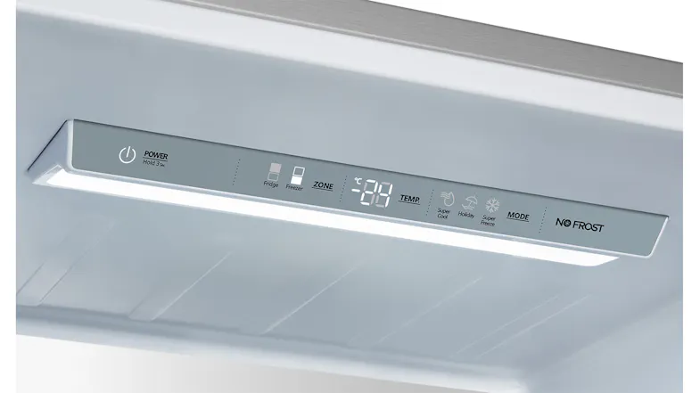 Close-up of the electronic touch control panel and LED lighting inside the refrigerator Close-up of the electronic touch control panel and LED lighting inside the refrigerator
