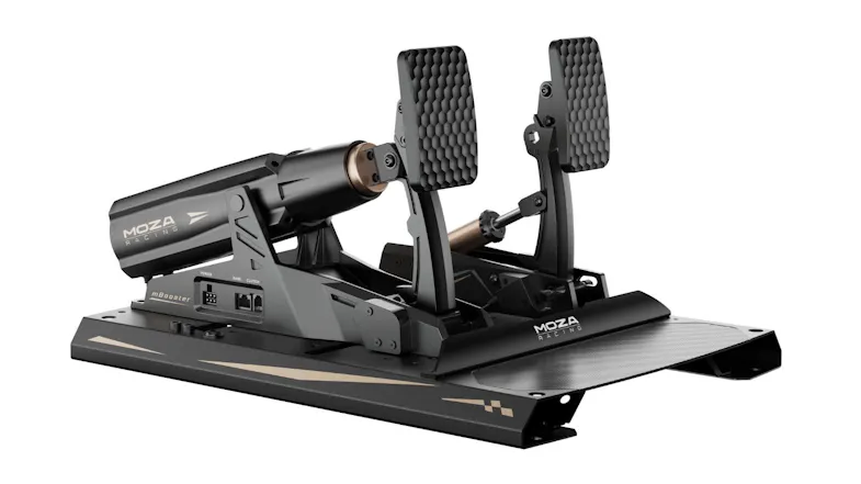 Moza racing mBooster active pedal set featuring dual textured black foot pedals on a sleek, metal baseplate Moza racing mBooster active pedal set featuring dual textured black foot pedals on a sleek, metal baseplate