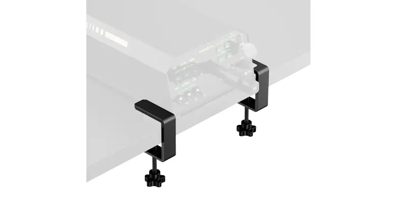 Black MOZA Table Clamp for a yoke mounted on a tabletop, securing a racing wheel base to a desk edge Black MOZA Table Clamp for a yoke mounted on a tabletop, securing a racing wheel base to a desk edge