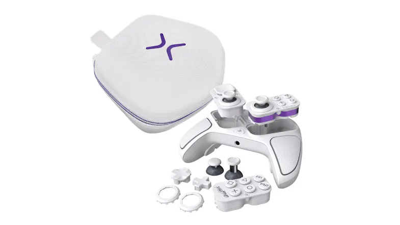 Front view of a white Victrix Pro BFG wireless controller for PlayStation featuring purple accents and textured grips Front view of a white Victrix Pro BFG wireless controller for PlayStation featuring purple accents and textured grips