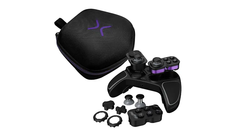BFG controller shown disassembled with its swappable modules, extra thumbsticks, and a black zippered case BFG controller shown disassembled with its swappable modules, extra thumbsticks, and a black zippered case
