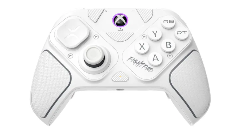 Front view of a black Victrix Pro BFG wireless controller for PlayStation featuring purple accents and textured grips Front view of a black Victrix Pro BFG wireless controller for PlayStation featuring purple accents and textured grips