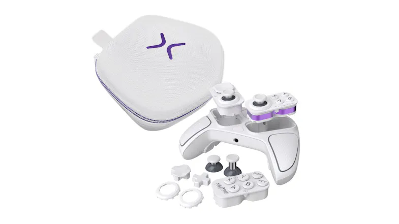 BFG controller shown disassembled with its swappable modules, extra thumbsticks, and a black zippered case BFG controller shown disassembled with its swappable modules, extra thumbsticks, and a black zippered case