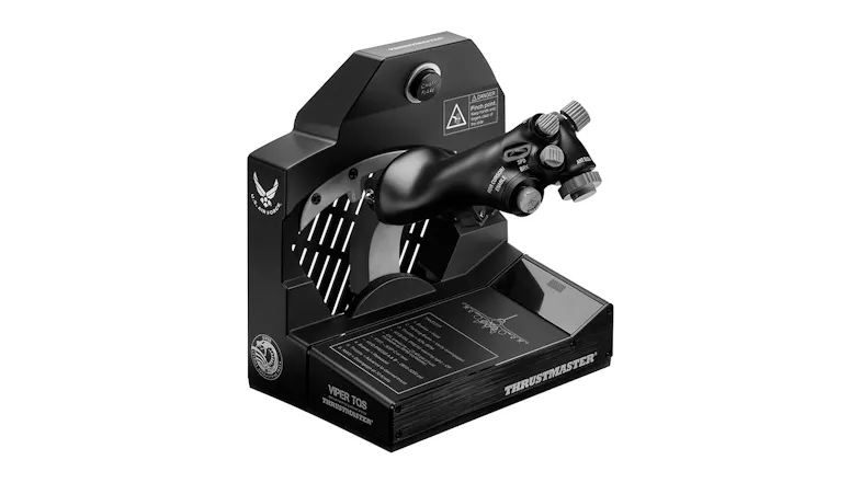 Front three-quarter view of the Thrustmaster Flight TQS Viper throttle controller, featuring a fighter jet-inspired throttle grip Front three-quarter view of the Thrustmaster Flight TQS Viper throttle controller, featuring a fighter jet-inspired throttle grip