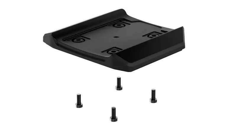 Angled view of the Thrustmaster T818 Simulation Cockpit Mount Kit, showing a mounting plate with four screws Angled view of the Thrustmaster T818 Simulation Cockpit Mount Kit, showing a mounting plate with four screws