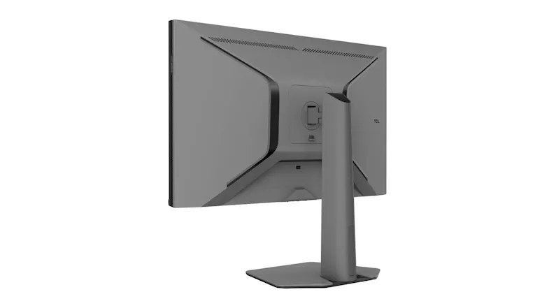 Three-quarter rear view of the TCL G64 monitor showing the sculpted back housing Three-quarter rear view of the TCL G64 monitor showing the sculpted back housing
