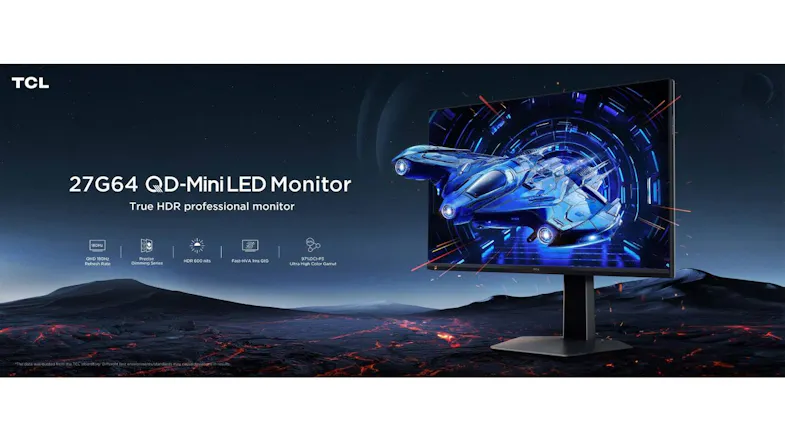 Lifestyle product banner featuring the TCL G64 QD-Mini LED monitor displaying a futuristic blue graphic Lifestyle product banner featuring the TCL G64 QD-Mini LED monitor displaying a futuristic blue graphic