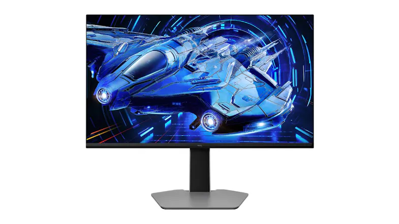 Straight-on front view of the TCL G64 27-inch QHD monitor with a vibrant blue sci-fi image on screen Straight-on front view of the TCL G64 27-inch QHD monitor with a vibrant blue sci-fi image on screen