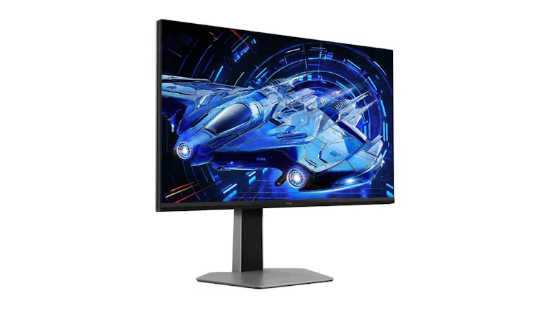 Angled front-left view of the TCL G64 monitor showing a colourful blue futuristic display Angled front-left view of the TCL G64 monitor showing a colourful blue futuristic display