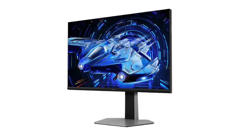 Angled front-right view of the monitor with a bright blue sci-fi graphic, emphasising the thin bezels Angled front-right view of the monitor with a bright blue sci-fi graphic, emphasising the thin bezels